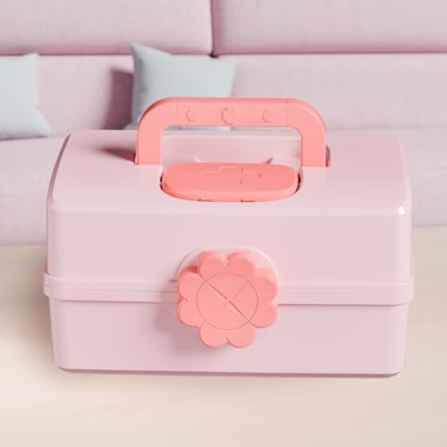 Covetree Hair Accessories Organizer with Handle sewing organizer,Lockable Three-Layer Multipurpose Art Supplies Storage Box and Storage Plastic Jewelry Box (pink)