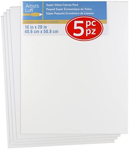 Artist's Loft 5 Count (20 Total) 16” x 20” White Super Value Canvas - Acid Free Cotton Canvas for Paint, Acrylic, & Oils - Bulk 4 Packs