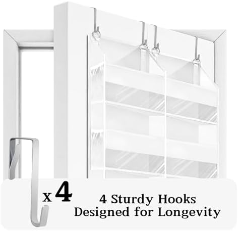 Over The Door Organizer 6 Tiers, Extra Large Behind Door Storage of 12 Compartments, 80 lbs Weight Capacity Hanging Storage Organizer with Clear Window Kids Toys, Shoes,Diapers, Room Storage, White
