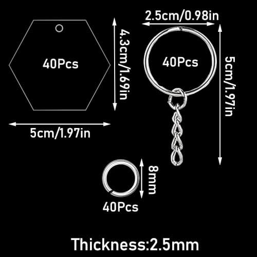 120Pcs Acrylic Keychain Blanks, BetterJonny 40Pcs Hexagon Key Tags with 40Pcs Key Chain Rings and 40Pcs Open Rings Unfinished Clear Ornament for DIY Crafting & Vinyl Projects