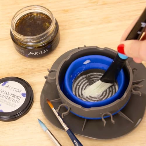 Hartem - Collapsible Paint Brush Cleaner Cup 3-in-1 – Brush Washer, Holder & Drying System - Portable Silicone Paint Rinse Cup with 6 Brush Slots - For Acrylic & Watercolor Artists