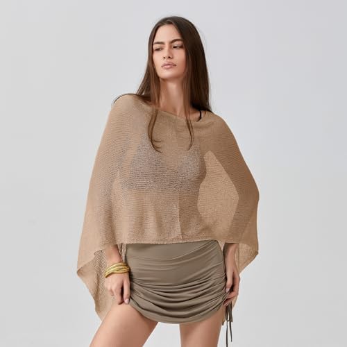 Women Sheer Knit Poncho Top Beach Cover Up Lightweight Crochet Shrug Y2k Summer See Through Shawl