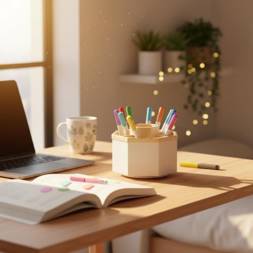 Jekelife 360 Degree Rotating Pen Holder,5-Compartment Desk Organizer,Beige