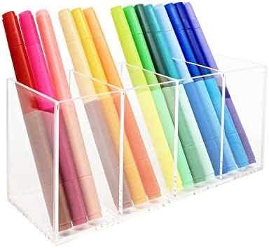 HSYMQ Acrylic Pen Holder 4 Compartments Clear Pencil Holder Organizer Makeup Brush Holder