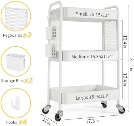 TOOLF 3 Tier Rolling Cart, Metal Utility Storage Cart with Pegboard, White | 2 Bins & 4 Hooks, Screwless Assembly, Lockable Wheels, Trolley Organizer for Bathroom, Kitchen, Office, Dorm, Craft Room