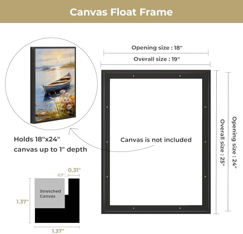 Venusmiles Canvas Frame 18x24 Frame for Canvas Painting Floating for 1" Deep, Floater for Canvas Artist Panel Oil Painting Wall Art Décor, Vertical or Horizontal Picture Wall Decor, Black