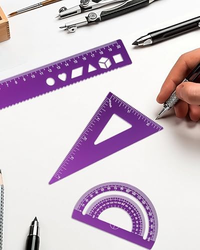 5 Pcs Metal Geometry Set, Math Drafting Ruler Kit- Aluminum Triangle Rulers, Protractor, 8 Inch and 6 Inch Drawing Ruler, Measuring Tool for School and Office Supplies (Purple)