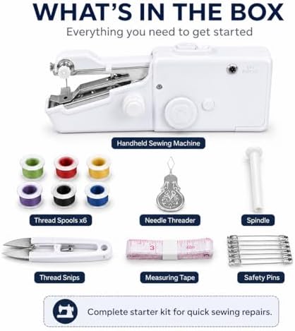 AMYJOY Mini Handheld Sewing Machine for Beginners, Portable Cordless Sewing Machine with Complete Sewing Kit, Battery Operated Stitch Tool for Clothing Repair, DIY Craft, Home & Travel Use – White