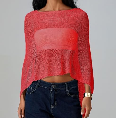 Women Sheer Poncho Shawl Top Lightweight Knit Pullover Beach Cover Up Tops
