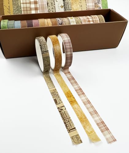 Vintage Brown Thin Washi Tape Set 20 Rolls, 7mm Narrow Kraft Paper Decorative Tape for Journaling Planner Bullet Journal, Neutral Earth Tone Fine Line Tape for Border Detailing, Art Supplies