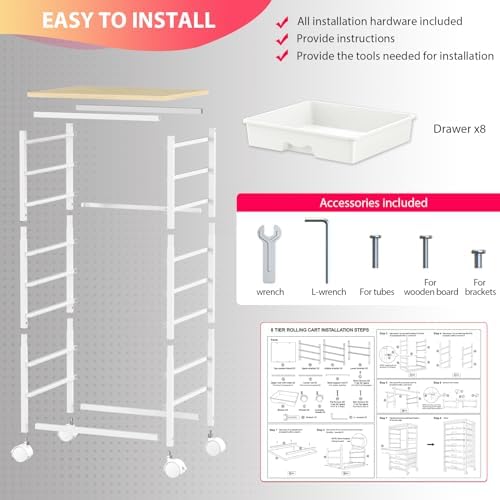 Goovilla Rolling Cart with 8 Drawers for Art, Dorm, Office, Craft, White