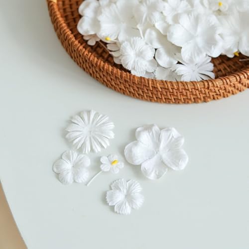 100 Pcs Handmade Mixed Flowers Mulberry Paper Flowers 18 mm - 1.5 Inch Scrapbooking Wedding DIY Craft Supplies Card. (Mixed Flowers White..)