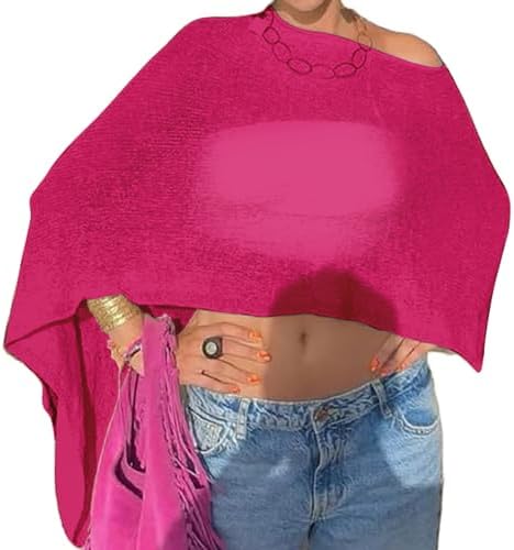 Nicoxijia Women Y2K Sheer Knit Poncho Top Lightweight Summer Beach Knit Shrug Shawl Bolero Off Shoulder Mesh Sweater Cover Up