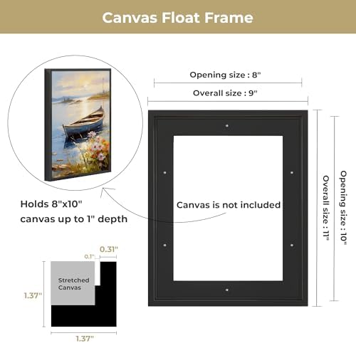 Venusmiles Canvas Frame 8x10 Frame for Canvas Painting Floating for 1" Deep, Floater for Canvas Artist Panel Oil Painting Wall Art Décor, Vertical or Horizontal Picture Wall Decor, Black
