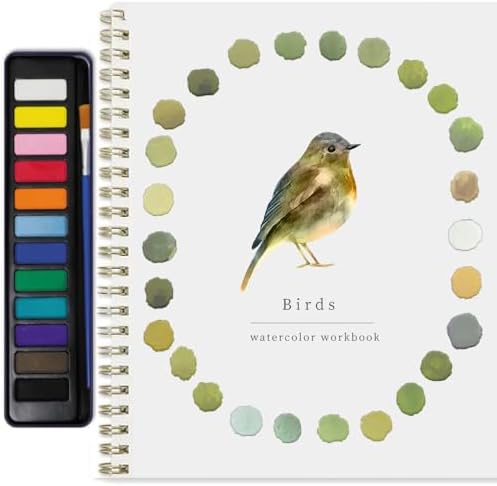 Watercolor Workbook for Adults & Beginners: 12 Colors Paint Set with Brush, Foldable Painting Kit for Brids– Ideal Gift(Birds)