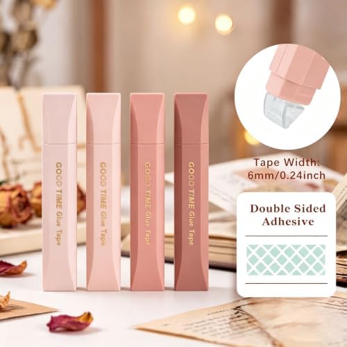 Temiary 4 Pack Double Sided Tape Pen, 16.4 Ft x 0.24 Inch Scrapbook Tape Roller for Crafts, Aesthetic Adhesive Glue Tape Pens for Scrapbooking School Office Journaling Supplies (Pink)