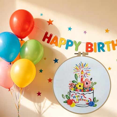 Esffaci Embroidery Starter Kit for Adult Beginner with Birthday Cake Flowers Pattern Hand Embroidery Set with Cloth Hoop Needle Threader Floss and Instruction