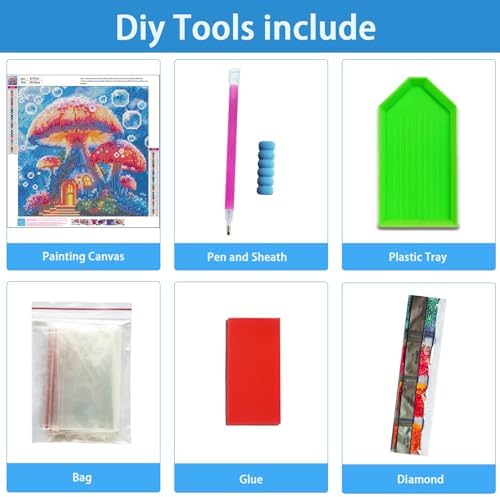 TYPUSOK Mushroom Diamond Art Kits for Adults,Round Full Drill 5D Diamond Painting Kits for Beginners,Mushroom House DIY Diamond Dots Pictures Gem Art Kit,Home Wall Decor 13.78x13.78in