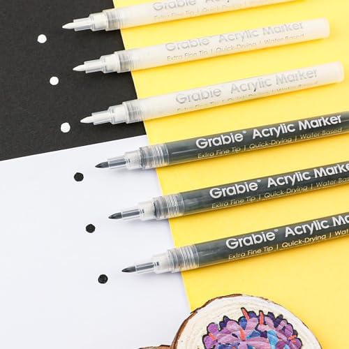 Grabie 6 Pack of Black & White Acrylic Paint Markers, 0.7 mm Extra Fine Tip
