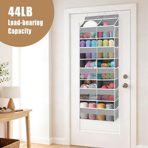 Over The Door Organizer, Hanging Yarn Storage Organizer with 10 Extra Large Clear Pockets and 10 Side Crochet Bags, Hanging Shelves for Yarn, Crochet Hooks, Knitting Needles Supplies Storage, Gray