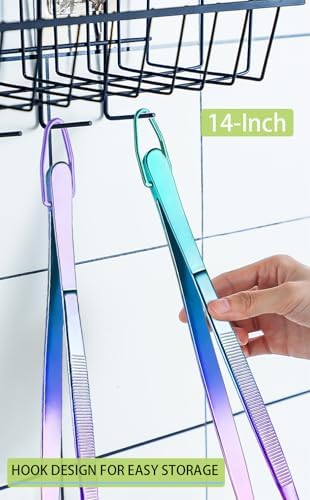 JETKONG 2 Pcs 14-Inch Culinary Tweezers Extra Long Food Tweezers Kitchen Tweezer Tongs for Cooking Grilling and BBQ (Rainbow)
