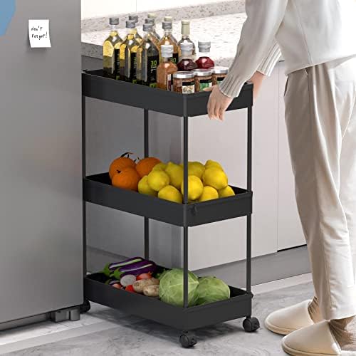SPACELEAD 3 Tier Rolling Cart with Wheels, Storage Craft Art Trolley Organizer Serving, 3 Hanging Baskets Easy Assembly, for Office, Bathroom,Living Room, Kitchen, Black