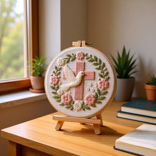 JJFox Embroidery Kit for Beginners and Adults, DIY Hand Embroidery Starter Kit with Cute Pattern, Cross Stitch Needlepoint Set with Hoop, Threads and Instructions (Cross)