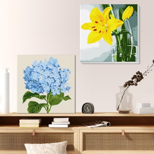Genius maker Paint by Number for Adults Beginners, 4 Pack DIY Adult Paint by Number Kits on Canvas Framed, Flowers Color by Numbers Acrylic Oil Painting Number Kits Crafts for Home Wall Decor 8x8inch