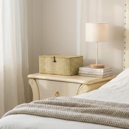 Nonam Wicker Storage Basket with Lid,Seagrass Shelf Basket Set of 3,White