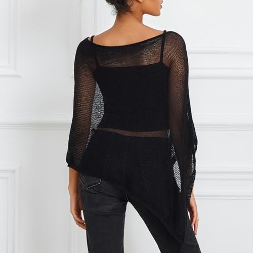 Women Sheer Knit Poncho Top Beach Cover Up Lightweight Crochet Shrug Y2k Summer See Through Shawl