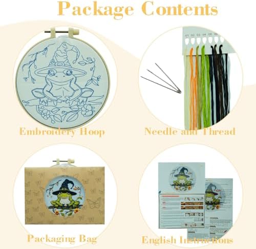 Floral Witch Hat Embroidery Kit Halloween Cross Stitch Material Set with Bat Skull Flower Pumpkin Patterns, DIY Hand Needlepoint Embroidery Craft Kit for Beginners Professional (Witchy Frog)