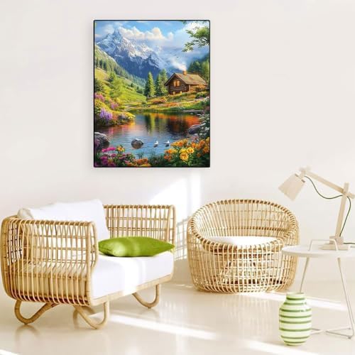 Accompany Wind Mountain Diamond Art Kits for Adults, 5D Mountain Cabin Landscape Diamond Painting Kits for Beginners,DIY Round Full Drill Diamonds Gem Art Crafts for Home Wall Decor Gifts 12x16 Inch