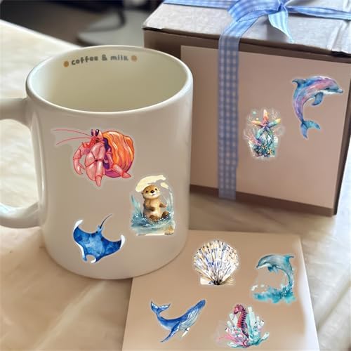 50pcs Ocean Animal Stickers for Laptop Water Bottles, Transparent PET Waterproof Adhesive Fish Decals Under The Sea Marine Life Sticker for Kids Birthday Party Scrapbook Phone (Blue)