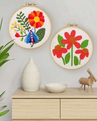 ERKOON Punch Needle Kit Adults Beginners, 2 Pcs DIY Easy Flower Embroidery Set for Starter Art Craft, Needling Punching Project with Patterns, Tools, Yarns, Hoop, Instruction (Safflower)