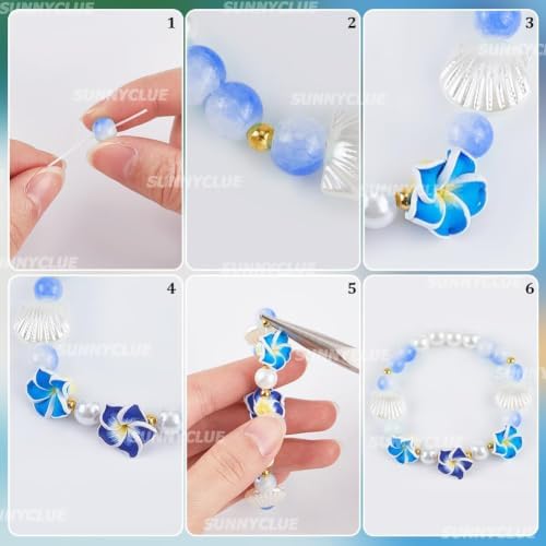 SUNNYCLUE 1 Box 174Pcs DIY 6 Sets Bracelet Making Kit Plumeria Flower Beads Polymer Clay Beads Summer Ocean Hawaiian Shell Bead Imitation Pearl Beads for Jewelry Making Kits Adult Women Gifts Supplies