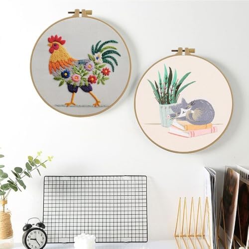 Esffaci Embroidery Starter Kit for Adult Beginner with Funny Rooster Flowers Pattern Hand Embroidery Set with Cloth Hoop Needle Threader Floss and Instruction