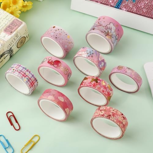 9 Rolls Gold Floral Washi Tape Set,Gold Foil Pink Floral Pattern Decorative Tape,Butterfly Star Decorative Masking Tapes for DIY Scrapbook Design Journaling Handbook Making Card Wrap Craft Gift