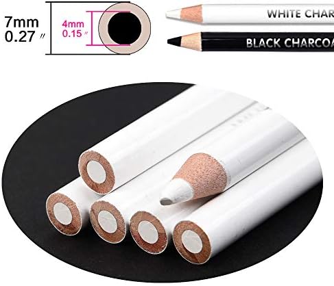 qianshan 2 Pcs Black White Color Charcoal Pencils, Professional Hight Quality Sketch Highlight Charcoal Wooden Pencils for Artist Drawing, Sketching, Blending, 2 Colors of 1 Black, 1White