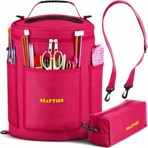 CRAFTISS Crochet Bag Organizer & Yarn Storage Bag, Knitting Bag and Yarn Holder with Removable Divider, Holds Skeins, Hooks, Needles & Accessories, Crochet Gifts for Women (Fuchsia)