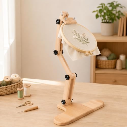 Adjustable Embroidery Table Stand,Wooden Embroidery Hoop Stand,Includes 3pcs Different Size Embroidery Hoops,1 Embroidery Tool Kit,Placed on the Desktop or Clamped onto the Desktop