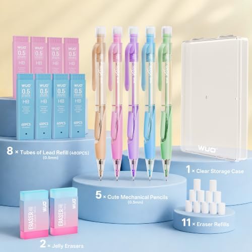 WUO 5PCS 0.5mm Cute Mechanical Pencil Set, 480PCS HB Leads, 4B Erasers