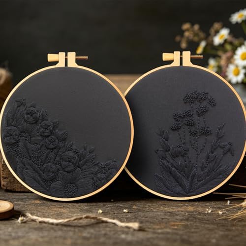 Armindou Black Flowers Embroidery Kits for Beginners Adults, Floral Hand Embroidery Set Needlepoint DIY Kit, Stamped Cross Stitch Kits for Beginners Adult, 2 Embroidery Hoops (Attached Video Tutorial)