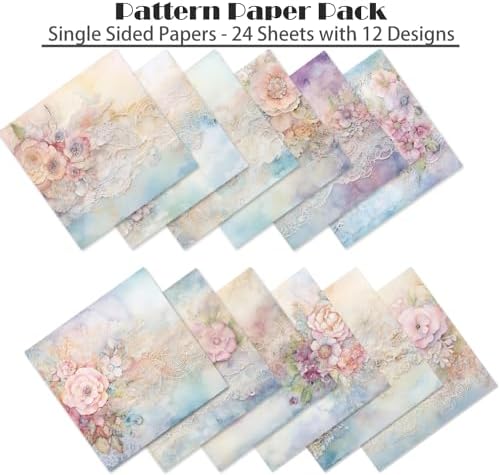 6x6 Scrapbook Paper Pad - Silent Blossom Vintage Lace 160gsm Cardstock, 24 Pcs Pastel Watercolor Floral Decorative Paper for Wedding Junk Journal Supplies