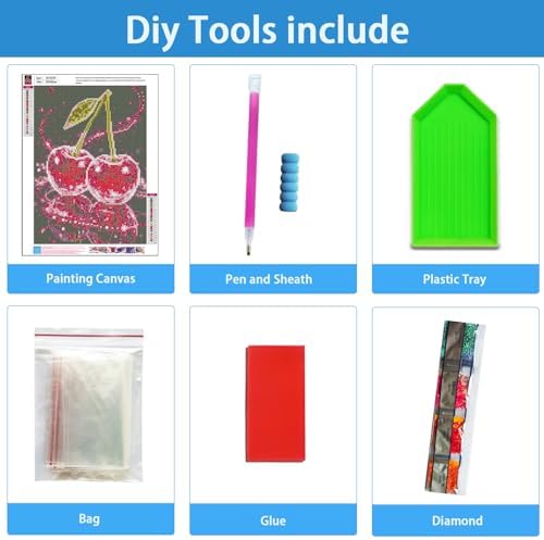 TYPUSOK Cherry Diamond Art Kits for Adults,Round Full Drill 5D Diamond Painting Kits for Beginners,Cherry DIY Diamond Dots Pictures Gem Art Kit,Home Wall Decor 12x16in