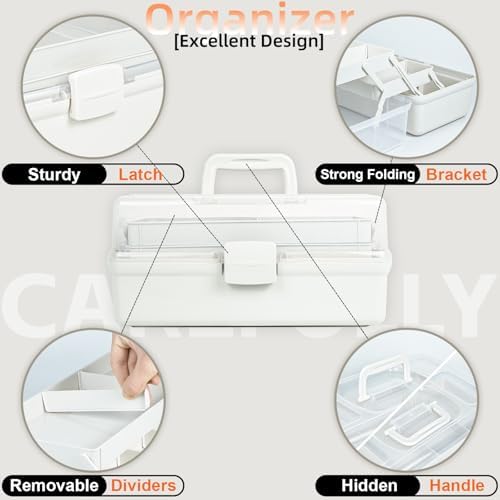 TERGOO 12.5in 3-Layer Multipurpose Craft Organizers and Storage with Adjustable Dividers, Portable Tackle Box, Folding Art & Craft Case for Medicine, Tool, Sewing Organizer (White)