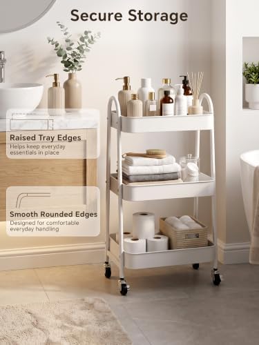Booklov Rolling Makeup Cart Organizer, 3 Tier Utility Storage Cart, White