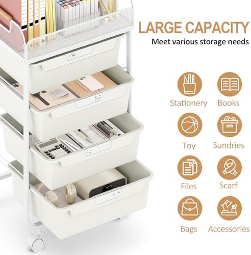 SYKIARIOL 4-Drawer Rolling Storage Cart with Mesh Top,White