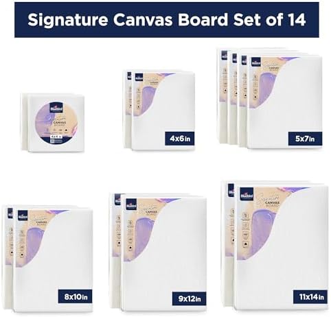 Bluebird Canvas Board - 4x4, 4x6, 5x7, 8x10, 9x12, 11x14. Set of 14 Gesso-Primed White Blank Canvases for Painting - 100% Cotton Canvas Board for Acrylic, Poster, Oil Paint