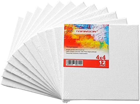 Transon 12 Pack 4x4 Inch Canvas Panel for Painting, with Heavy Duty MDF Backing Boards, 100% Cotton Acid-Free Primed for Beginners Art Crafts
