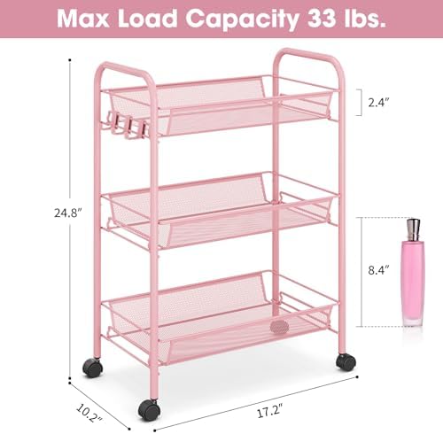 TOOLF 3 Tier Rolling Cart, Metal Utility Storage Cart with Wheels, Pink | 3 Hooks, Screwless Assembly, Trolley Organizer for Bathroom, Kitchen, Office, Nursery, Dorm, Laundry Room